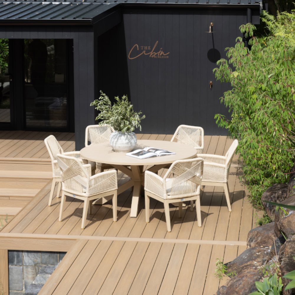 Houston Outdoor 1.5m Round Aluminium Dining Setting with 6 Hugo Chairs