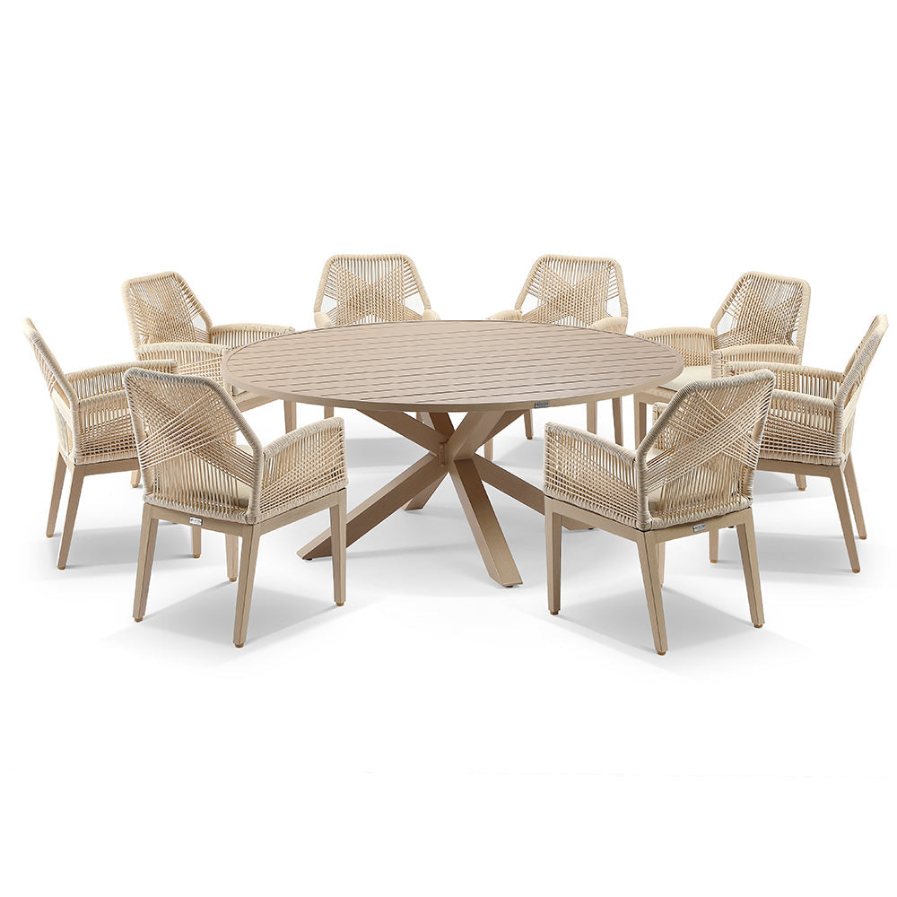 Houston Outdoor 1.8m Round Aluminium Dining Setting with 8 Hugo Chairs