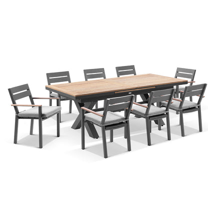Austin Outdoor 2.2m - 3m Extension Teak Timber and Aluminium Table with 10 Capri Dining Chairs