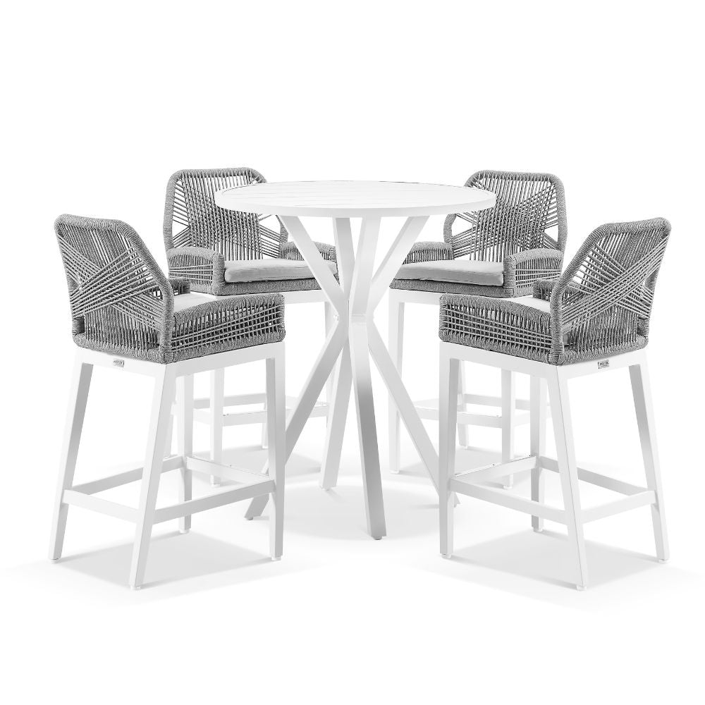 Houston Outdoor 90cm Round Aluminium Bar Table With 4 Hugo Bar Stools