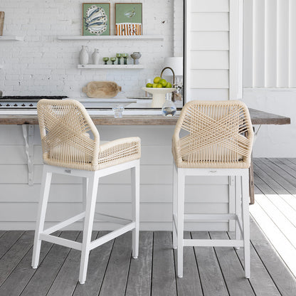 Santorini Outdoor Aluminium 1.5m Bar Table with 6 Hugo Aluminium and Rope Bar Stool