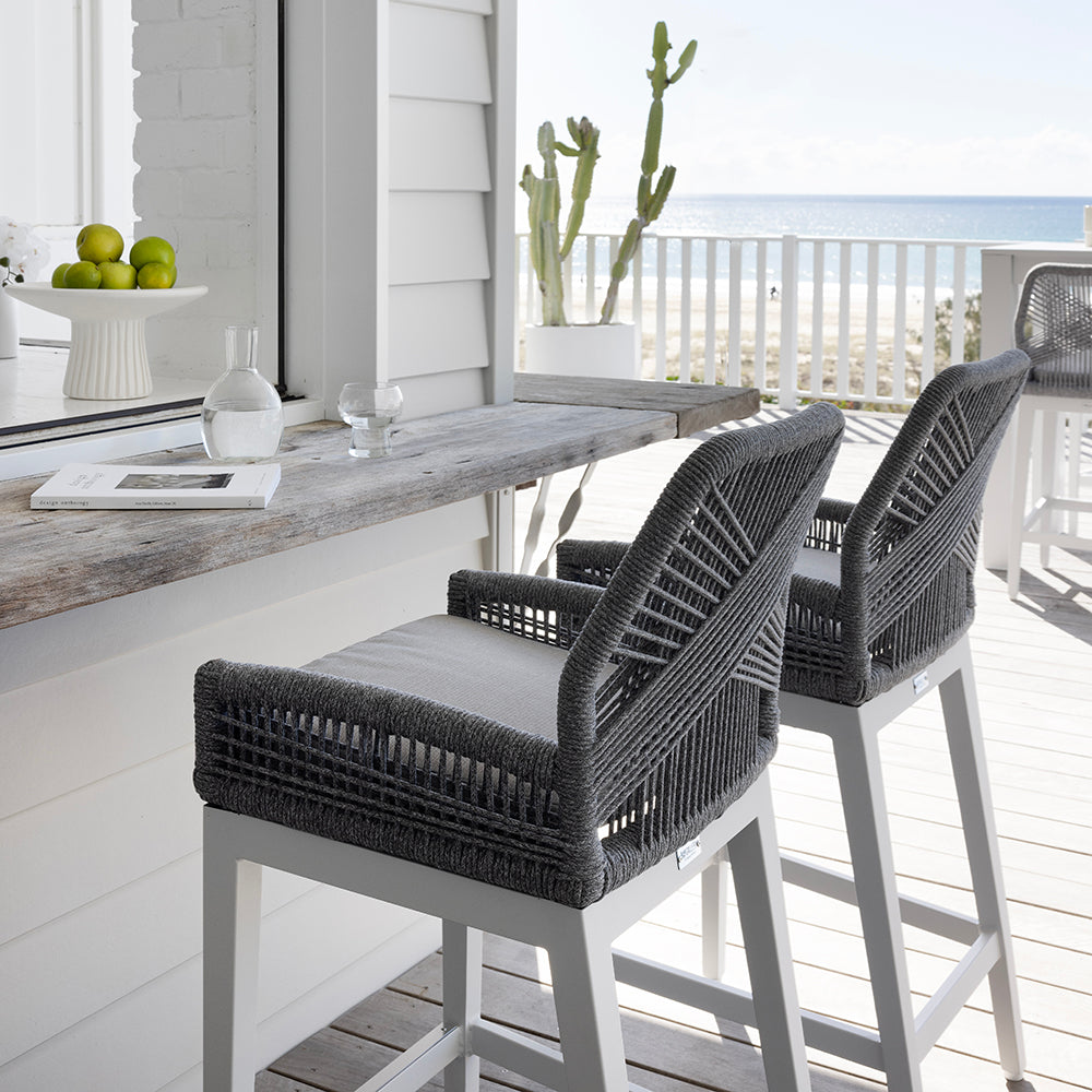 Hugo Outdoor Ceramic 2m Rectangle Aluminium Bar Table with 6x Hugo Rope Bar Stools