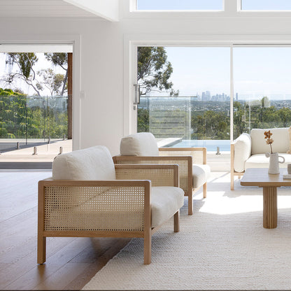 Killara Indoor Cream Boucle Couch Fabric and Timber Arm Chair Rattan Lounge Sofa