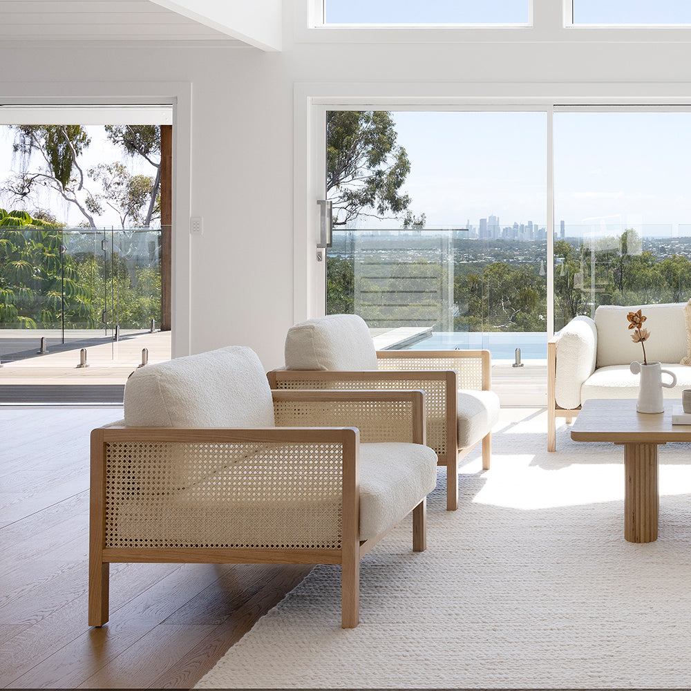 Killara Indoor Cream Boucle Couch Fabric and Timber Arm Chair Rattan Lounge Sofa