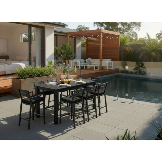 Santorini Outdoor Aluminium 2m Bar Table with 8 Bar Stools