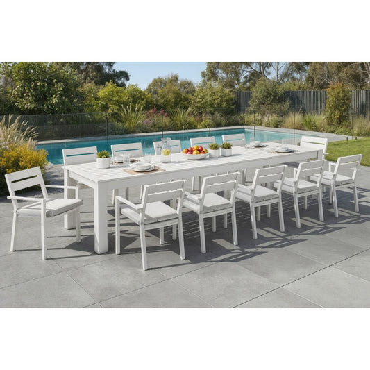 Santorini 12 Seater Outdoor Rectangle Aluminium Dining Table and Chairs setting