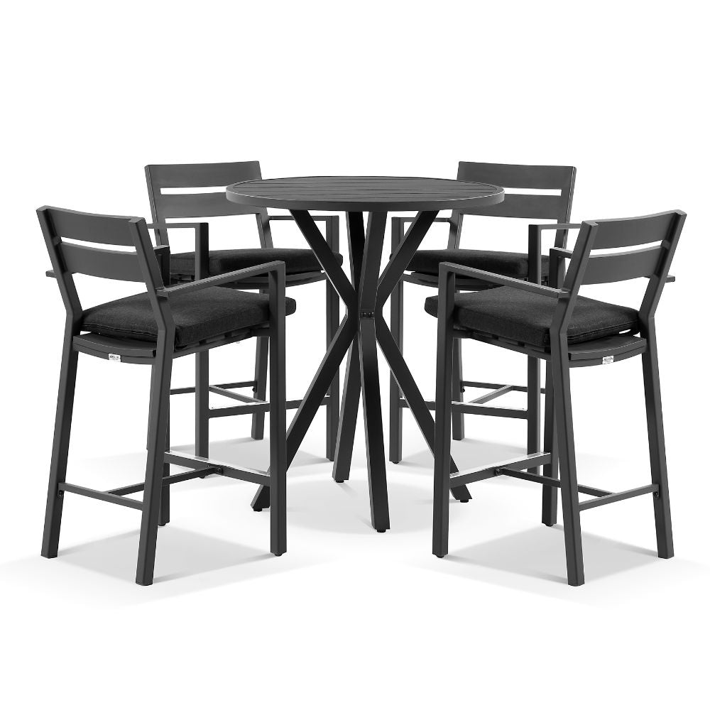 Houston Outdoor 90cm Round Aluminium Bar Table with 4 Santorini Bar Stools