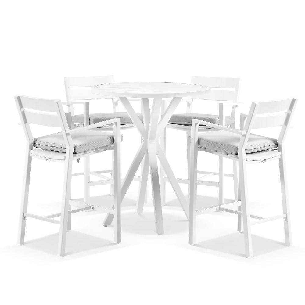 Houston Outdoor 90cm Round Aluminium Bar Table with 4 Santorini Bar Stools