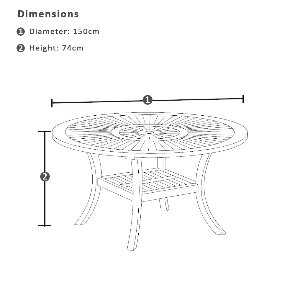 Solomon 1.5m Round Outdoor Teak Timber Table with Kai wicker Chairs