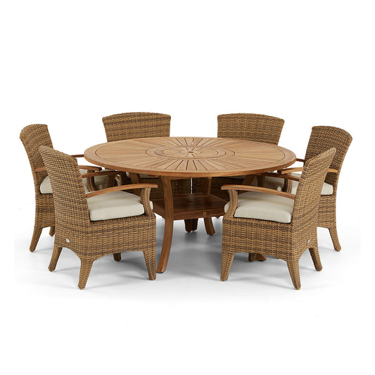 Solomon 1.5m Round Outdoor Teak Timber Table with Kai wicker Chairs