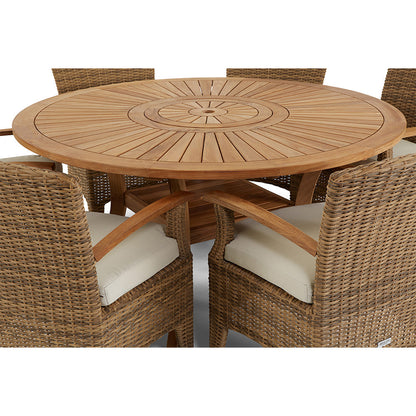 Solomon 1.5m Round Outdoor Teak Timber Table with Kai wicker Chairs