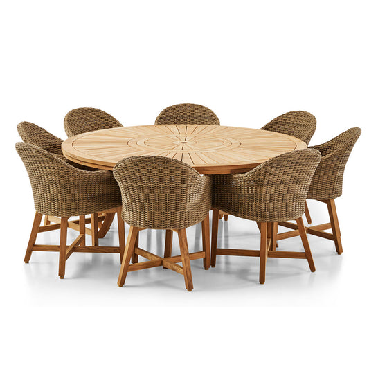 Solomon 1.8m Round Teak Dining Table w/Coastal Wicker Chairs