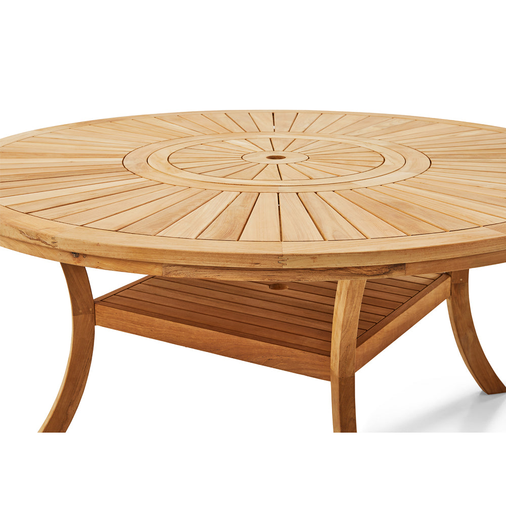 Solomon 1.8m Round Outdoor Teak Timber Table with Kai wicker Chairs + Lazy Susan
