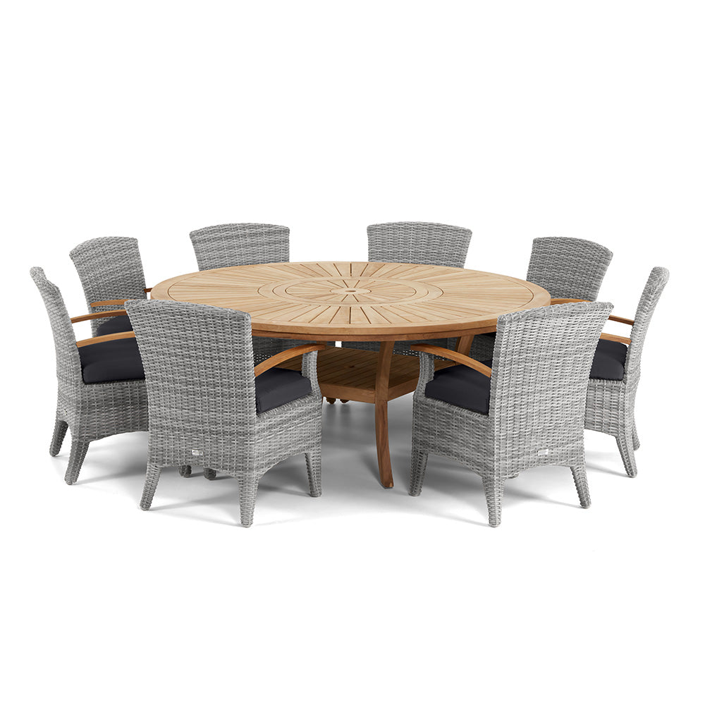 Solomon 1.8m Round Outdoor Teak Timber Table with Kai wicker Chairs + Lazy Susan