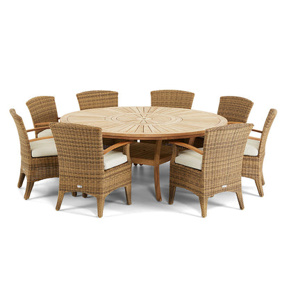 Solomon 1.8m Round Outdoor Teak Timber Table with Kai wicker Chairs + Lazy Susan