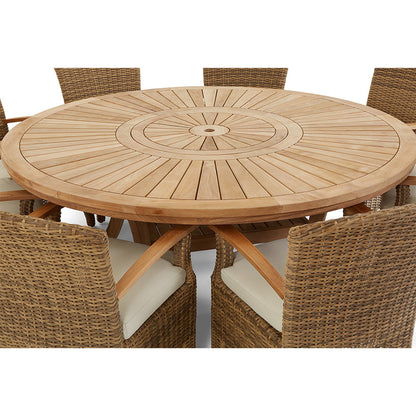 Solomon 1.8m Round Outdoor Teak Timber Table with Kai wicker Chairs + Lazy Susan