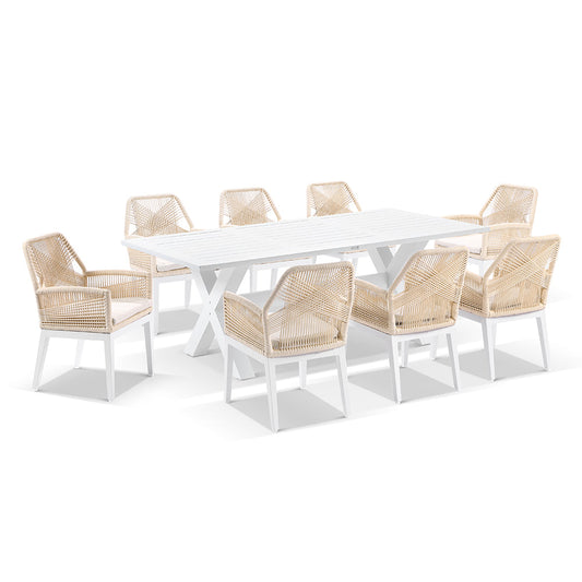 Tahitian 2.1m Aluminium Dining Table with 8 Hugo Dining Chairs