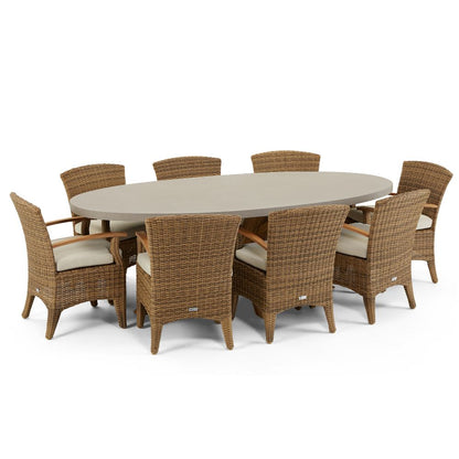 Tamarama Indoor Outdoor Oval Concrete Look Dining Setting With 8x Kai Wicker Chairs