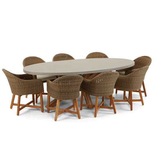 Tamarama Indoor Outdoor Oval Concrete Look Dining Setting With 8x Coastal Wicker Chairs