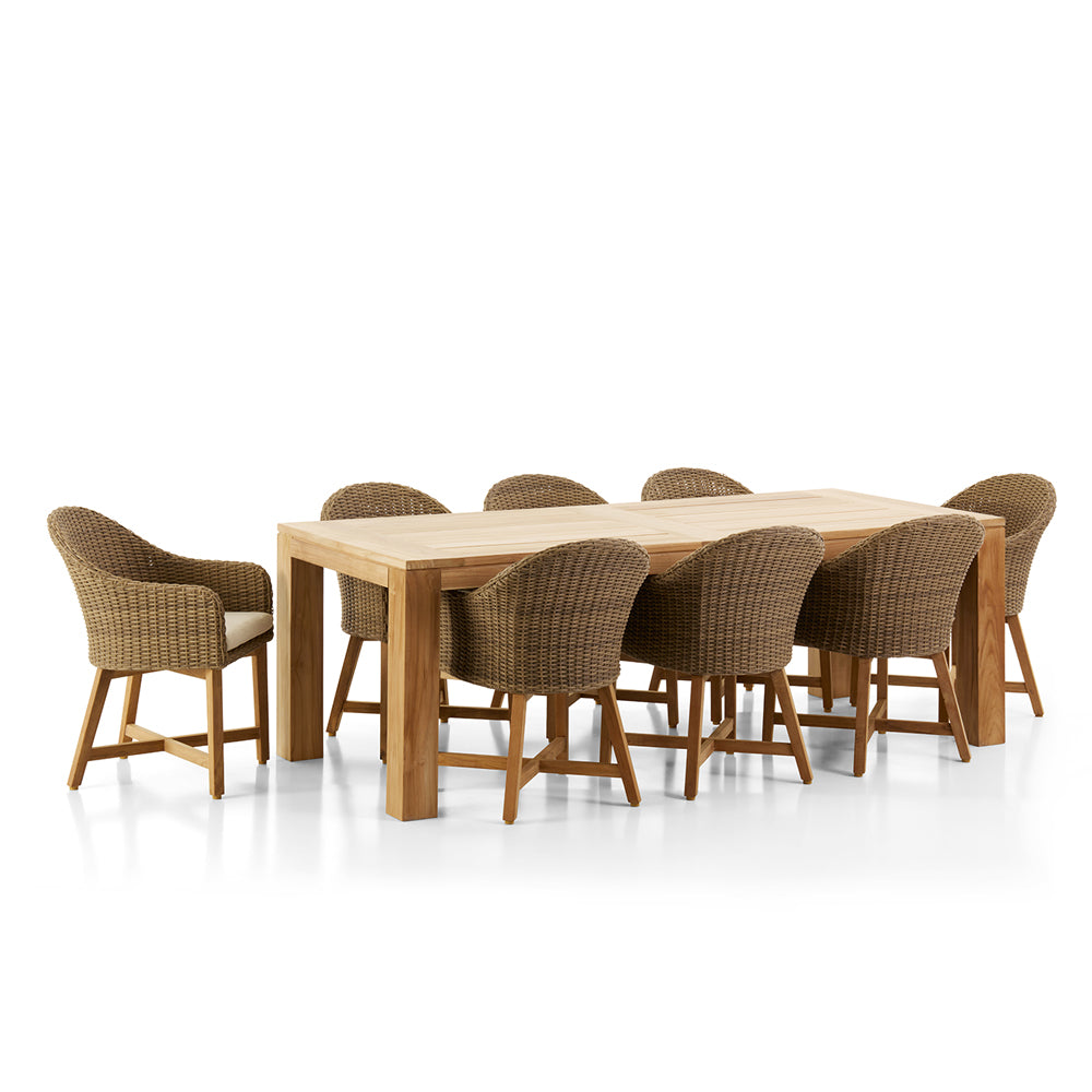 Pearl Outdoor 2.3m Teak Timber Dining Table with 8 Coastal Chairs