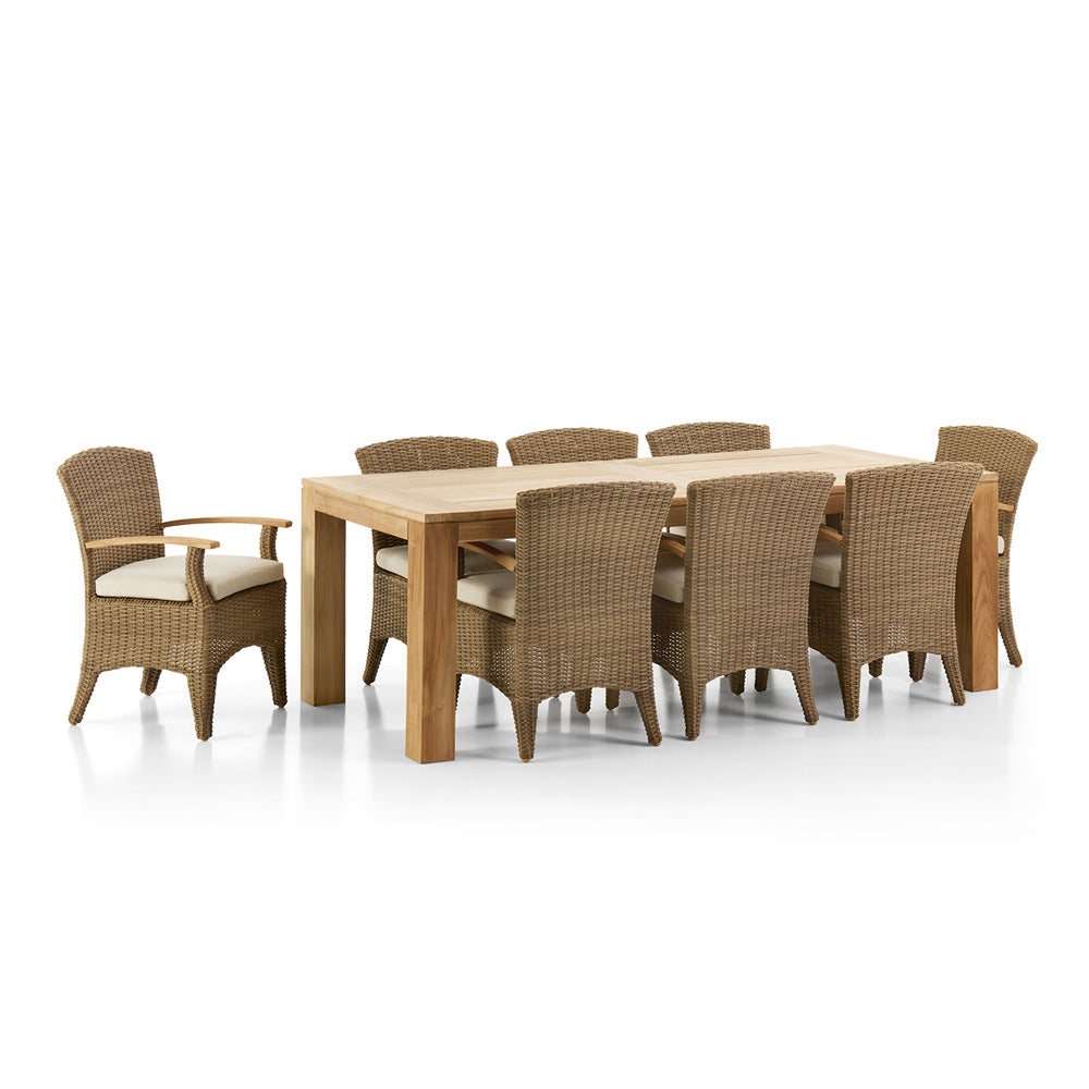 Pearl Outdoor 2.3m Teak Timber Dining Table with 8 Kai Chairs