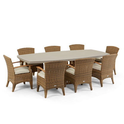 Waverley 2.6m Indoor Outdoor Concrete Look Dining Set With 8 Kai Wicker Chairs