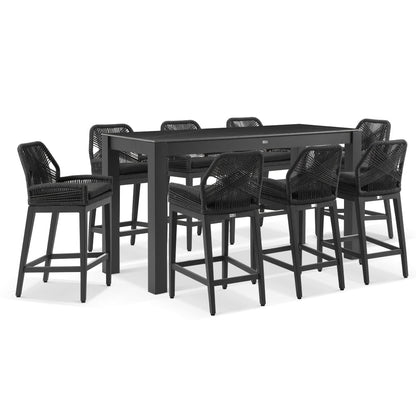 Hugo Outdoor Ceramic 2m Rectangle Aluminium Bar Table with 8x Hugo Rope Bar Stools