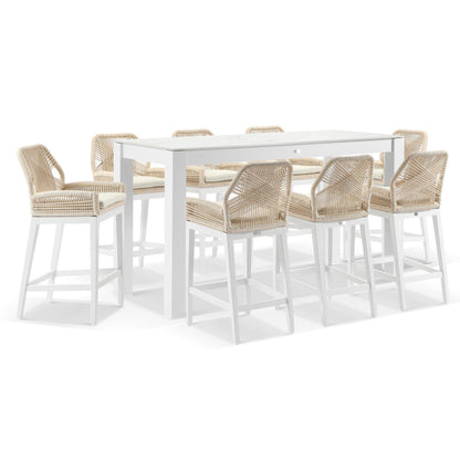Hugo Outdoor Ceramic 2m Rectangle Aluminium Bar Table with 8x Hugo Rope Bar Stools