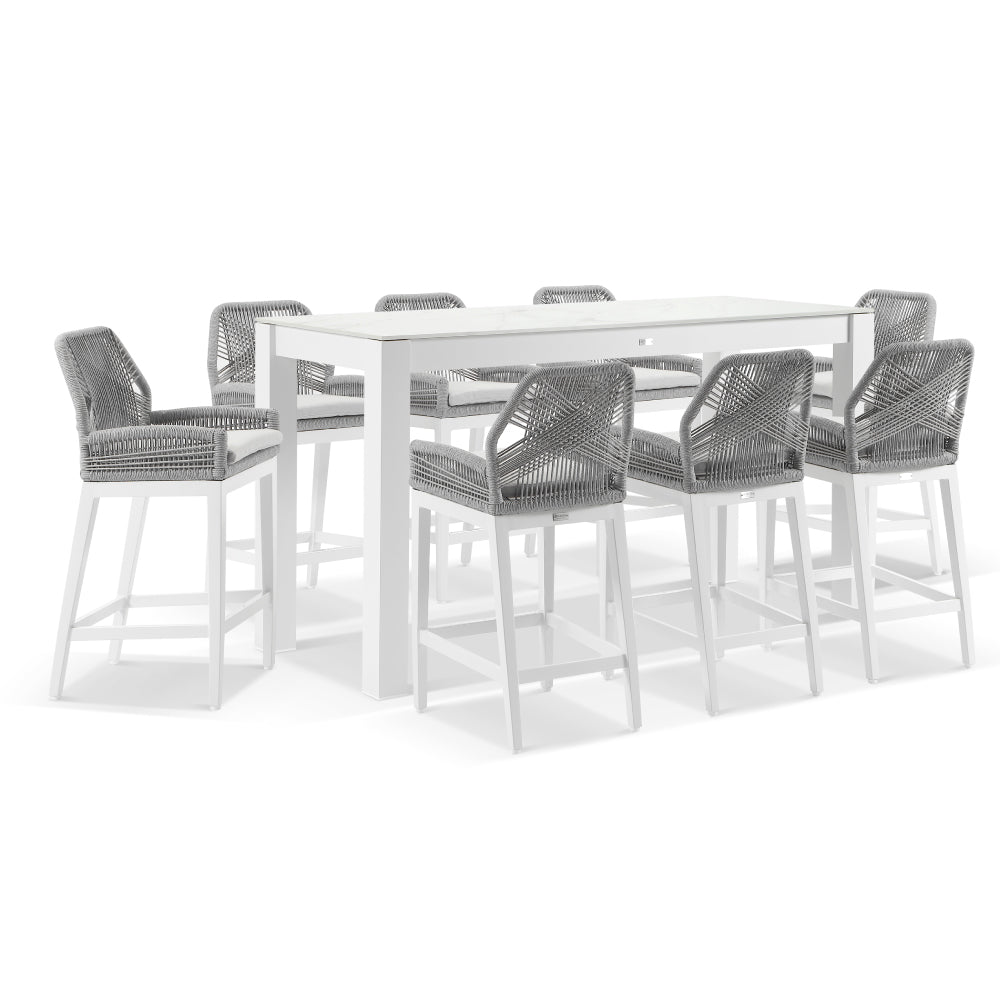 Hugo Outdoor Ceramic 2m Rectangle Aluminium Bar Table with 8x Hugo Rope Bar Stools