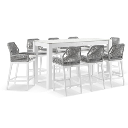Hugo Outdoor Ceramic 2m Rectangle Aluminium Bar Table with 8x Hugo Rope Bar Stools