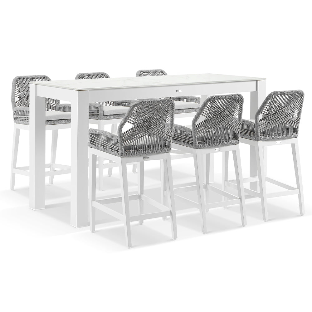 Hugo Outdoor Ceramic 2m Rectangle Aluminium Bar Table with 6x Hugo Rope Bar Stools