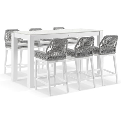 Hugo Outdoor Ceramic 2m Rectangle Aluminium Bar Table with 6x Hugo Rope Bar Stools