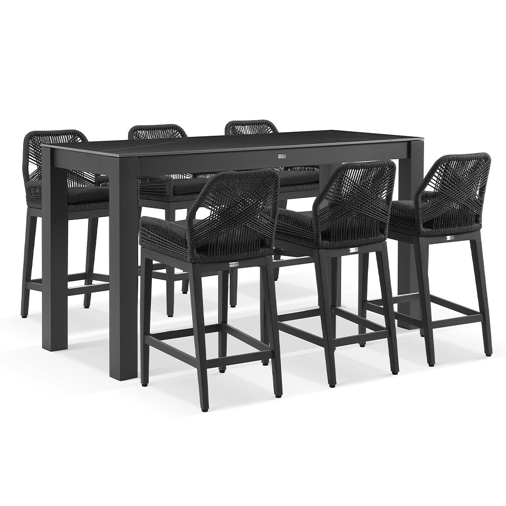 Hugo Outdoor Ceramic 2m Rectangle Aluminium Bar Table with 6x Hugo Rope Bar Stools