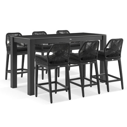 Hugo Outdoor Ceramic 2m Rectangle Aluminium Bar Table with 6x Hugo Rope Bar Stools