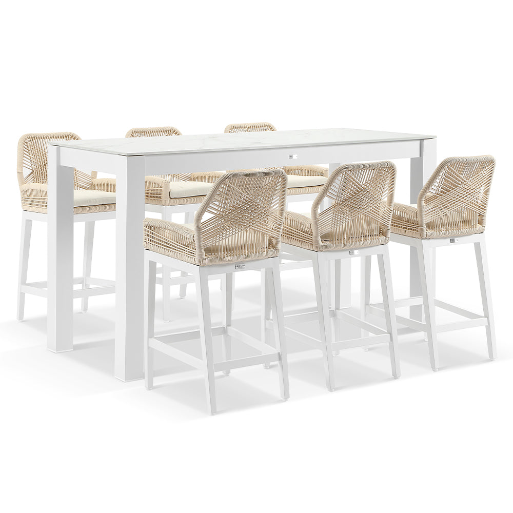 Hugo Outdoor Ceramic 2m Rectangle Aluminium Bar Table with 6x Hugo Rope Bar Stools