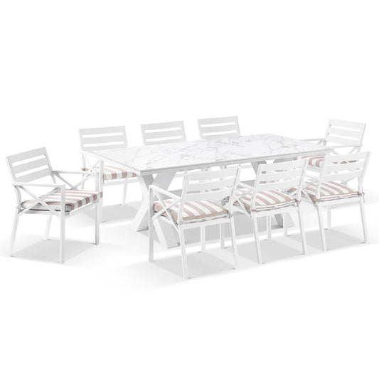 Kansas Outdoor Ceramic 2m Aluminium Dining Table with 8 Chairs Setting in Sunbrella
