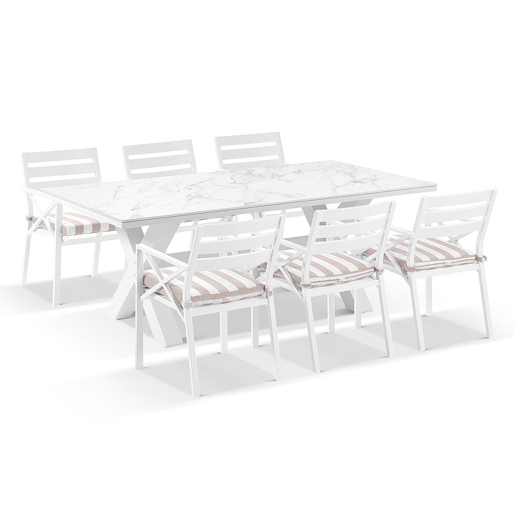 Kansas Outdoor Ceramic 2m Aluminium Dining Table with 8 Chairs Setting in Sunbrella