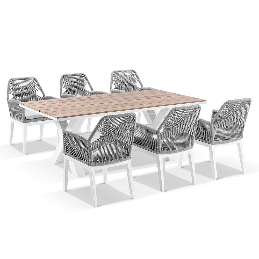 Kansas 2m Outdoor Teak Timber and Aluminium Dining Table with 8 Hugo Rope Chairs