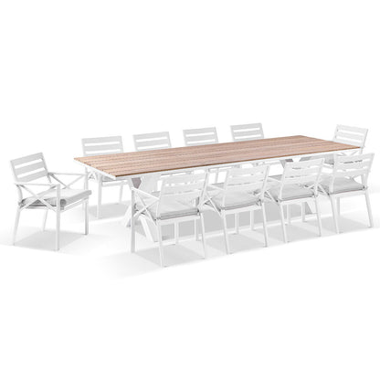 Kansas 3m Outdoor Teak Timber and Aluminium Dining Table with 10 Chairs