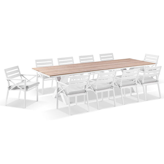 Kansas 3m Outdoor Teak Timber and Aluminium Dining Table with 10 Chairs