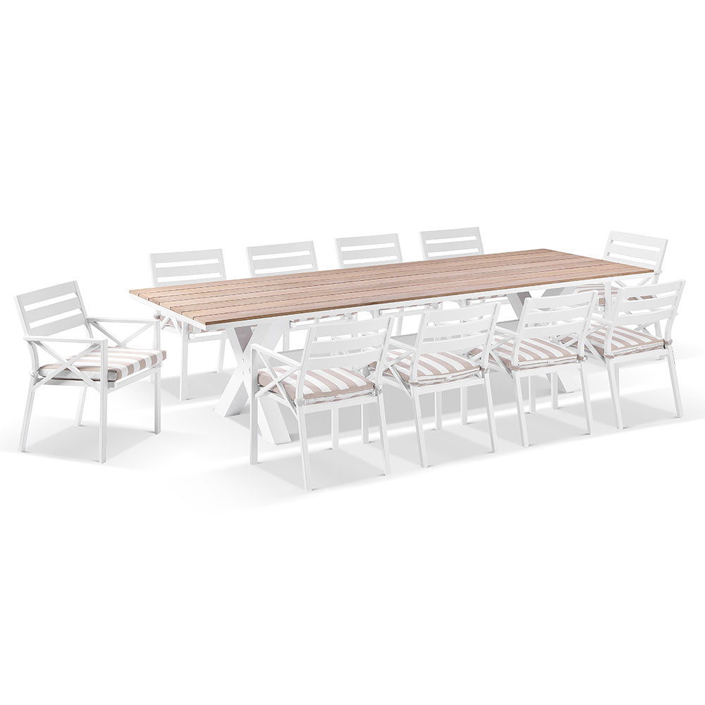 Kansas 3m Outdoor Teak and Aluminium Dining with 10 Chairs with Sunbrella cushions