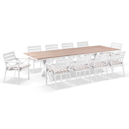 Kansas 3m Outdoor Teak and Aluminium Dining with 10 Chairs with Sunbrella cushions