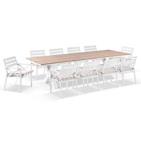 Kansas 3m Outdoor Teak and Aluminium Dining with 10 Chairs with Sunbrella cushions