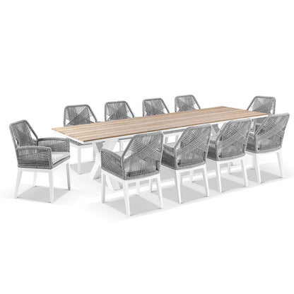 Kansas 3m Outdoor Teak Timber and Aluminium Dining Table with 10 Hugo Rope Chairs