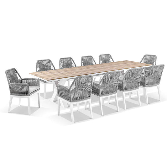 Kansas 3m Outdoor Teak Timber and Aluminium Dining Table with 10 Hugo Rope Chairs