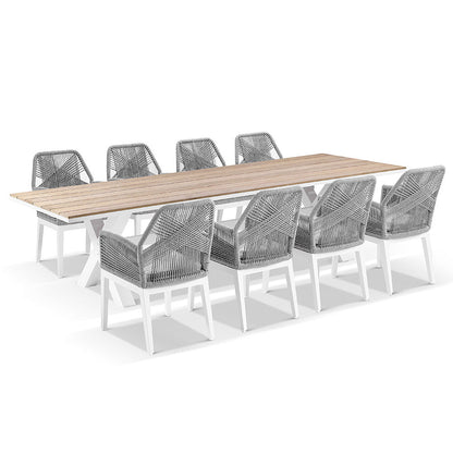 Kansas 3m Outdoor Teak Timber and Aluminium Dining Table with 10 Hugo Rope Chairs