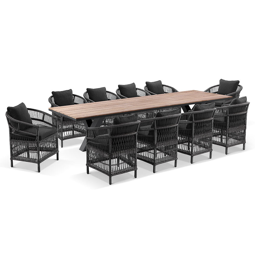 Kansas 3m Outdoor Teak Timber and Aluminium Dining Table with 10 Watego Malawi Style Wicker Chairs
