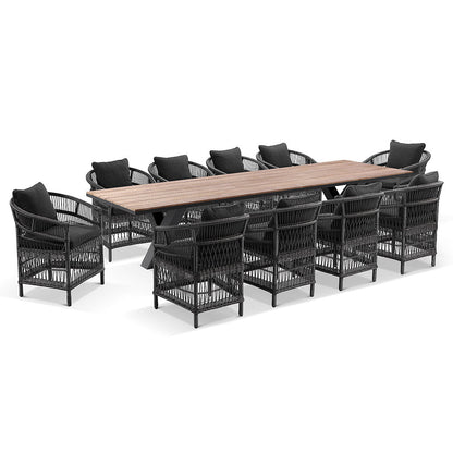 Kansas 3m Outdoor Teak Timber and Aluminium Dining Table with 10 Watego Malawi Style Wicker Chairs