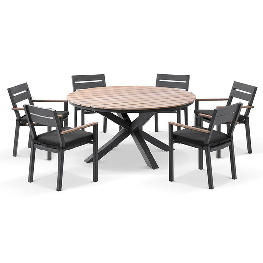 Tuscany Round 1.5m Outdoor Aluminium and Teak Dining Table with 6 Capri Chairs