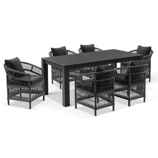 Santorini 1.8m Outdoor Rectangle Aluminium Dining Table with 6 Watego Malawi Style Wicker Chairs